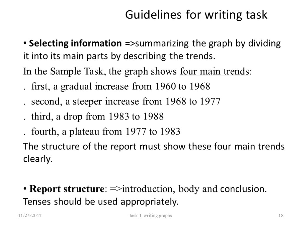 Guidelines for writing task Selecting information =>summarizing the graph by dividing it into its